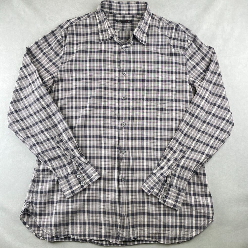 John Varvatos‎ U.S.A. Shirt Mens XL Gray Black Plaid Button Front Long Sleeve